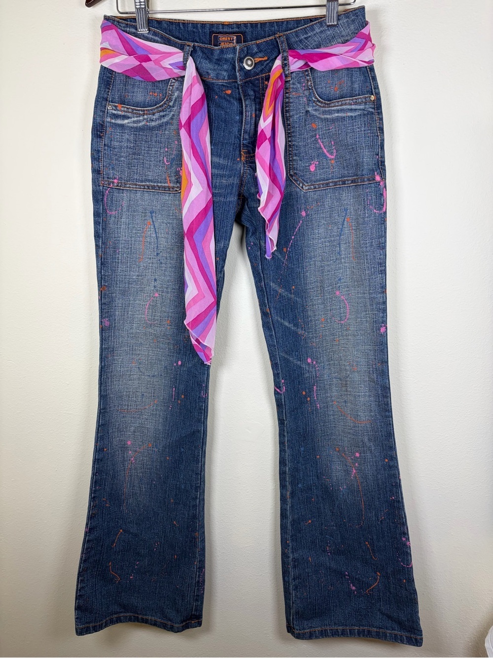 Crest Jeans Y2K Paint Splatter Flare Jeans Scarf Belt Size 11/12